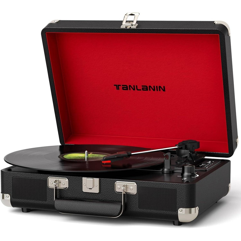 Tanlanin Bluetooth Suitcase Record Player Portable 3-Speed Vinyl Turntable Black